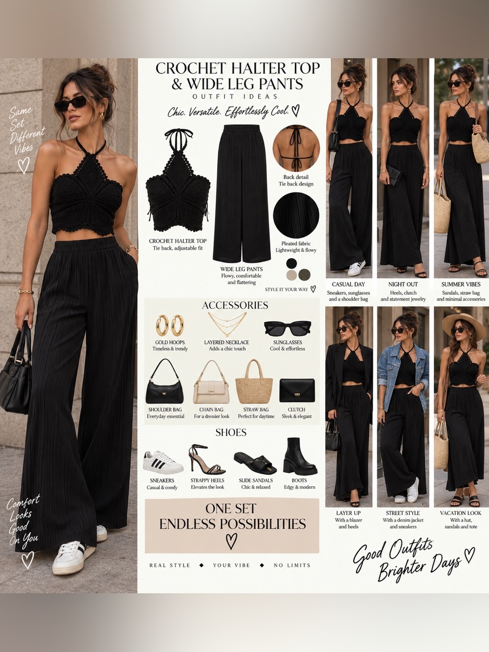 Black Crochet Halter Top & Wide Leg Pants Set